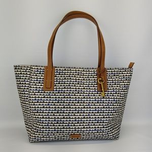 Fossil leather & coated canvas blue & white tote